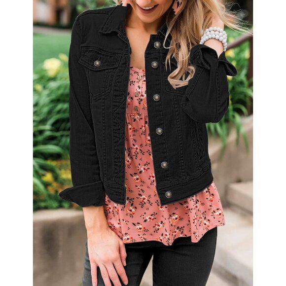 Women's Basic Long Sleeves Button Down Fitted Denim Jean Jacket Always Black - Picture 5 of 5